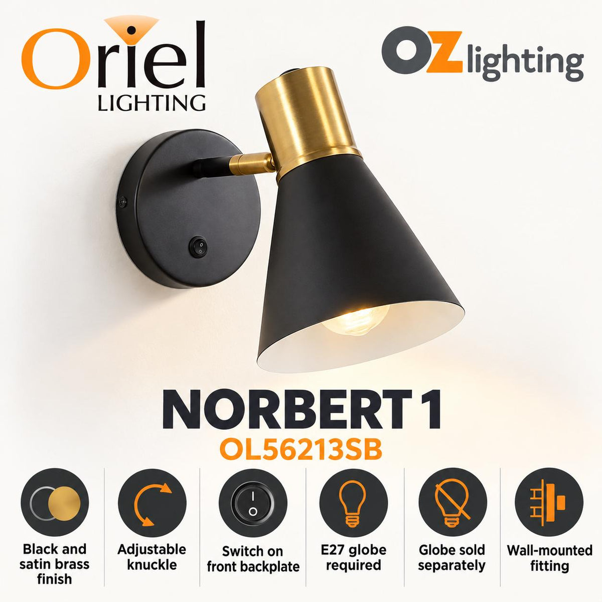 Oriel NORBERT 1 Wall Light - Max. 60W, with Switch-Oriel Lighting-Ozlighting.com.au