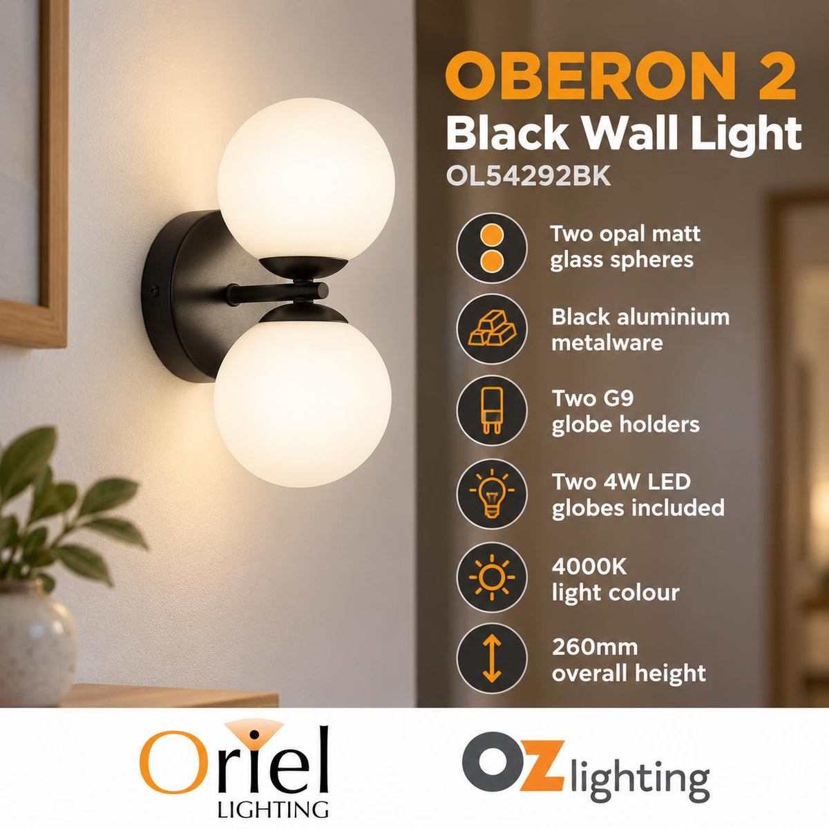 Oriel OBERON 2 Wall Light - 4W-Oriel Lighting-Ozlighting.com.au
