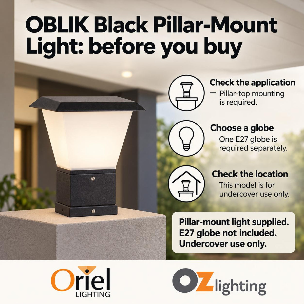 Oriel OBLIK Outdoor Light - Pillar Mount Metal & PVC-Oriel Lighting-Ozlighting.com.au