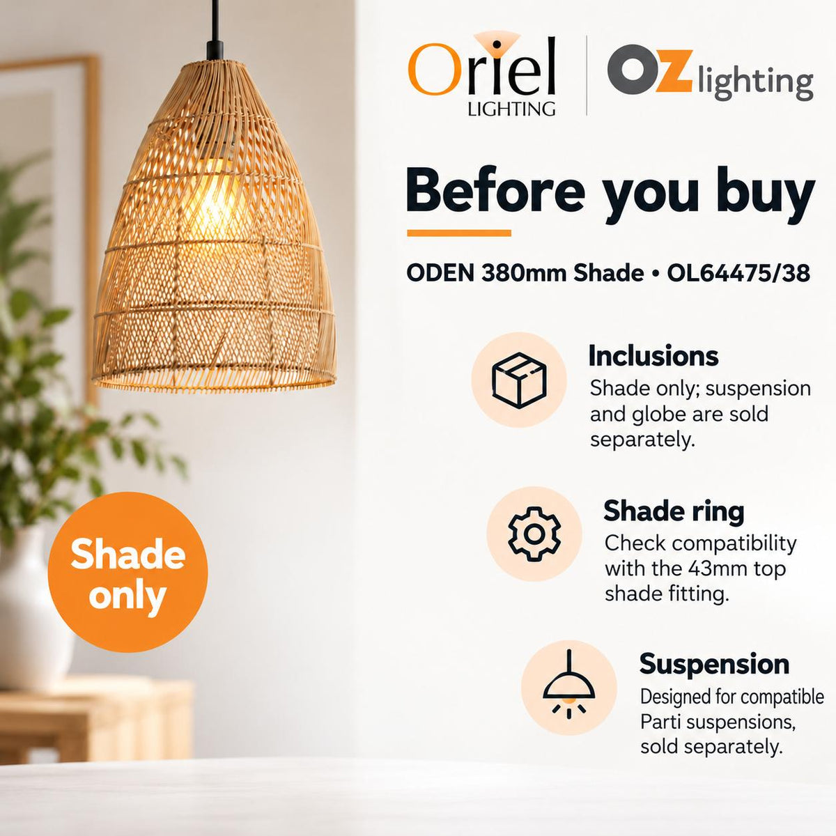 Oriel ODEN Rattan Pendant Shade Only - SUSPENSION REQUIRED-Oriel Lighting-Ozlighting.com.au