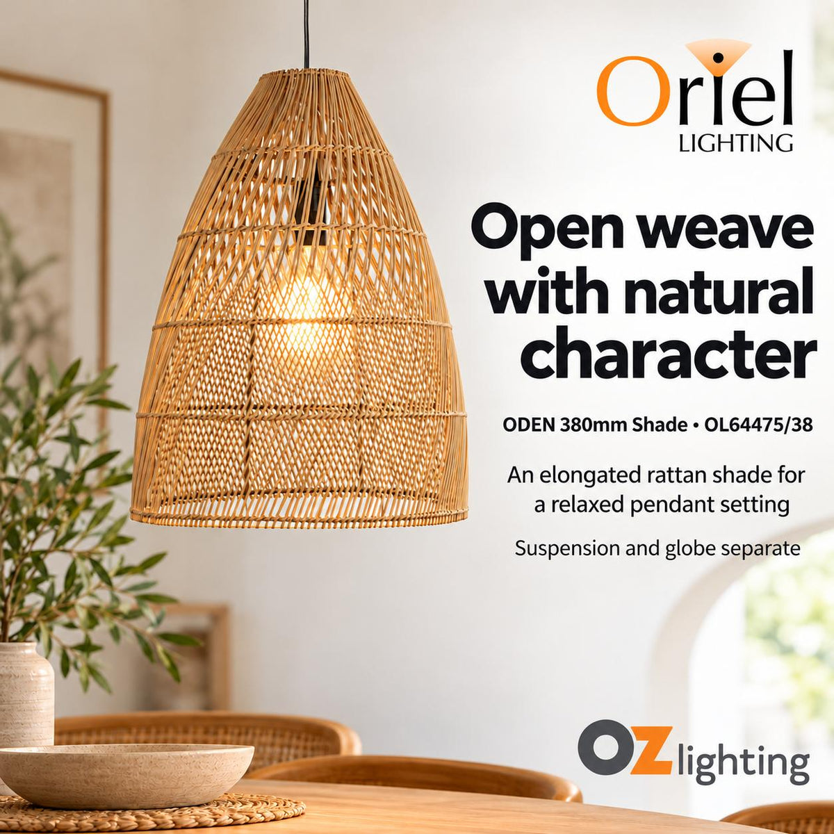 Oriel ODEN Rattan Pendant Shade Only - SUSPENSION REQUIRED-Oriel Lighting-Ozlighting.com.au