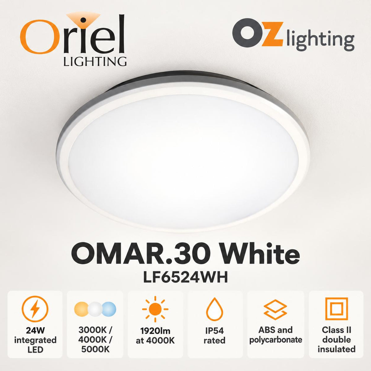 Oriel OMAR.30 LED Ceiling Light - 24W, Tri-Colour-Oriel Lighting-Ozlighting.com.au