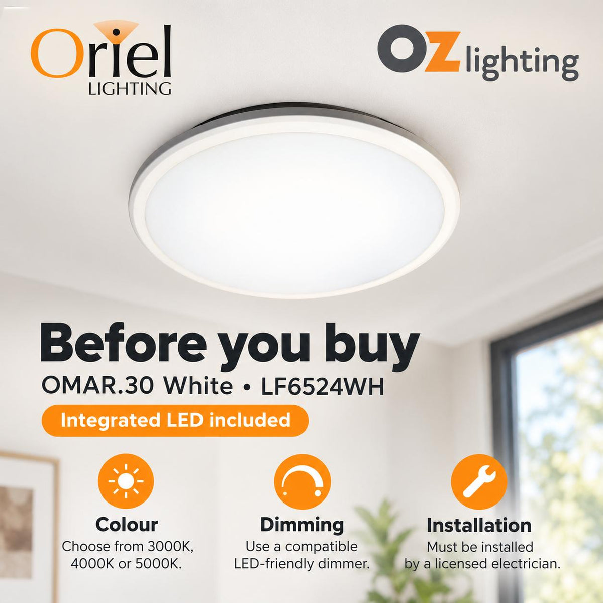 Oriel OMAR.30 LED Ceiling Light - 24W, Tri-Colour-Oriel Lighting-Ozlighting.com.au