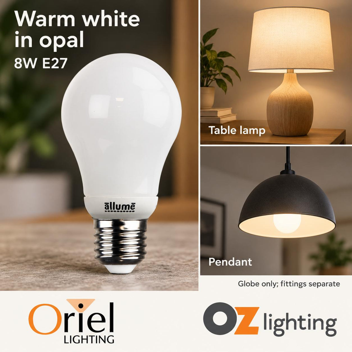 Oriel OPAL LED Globe - 8W, Opal Diffuser, 3000K, E27-Oriel Lighting-Ozlighting.com.au