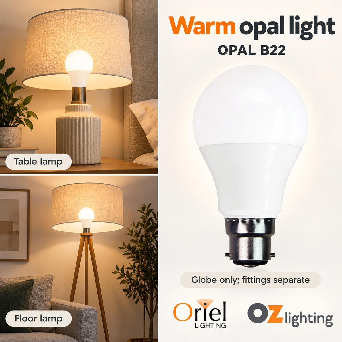 Oriel OPAL LED Globe - 9W, 3000K, B22, Opal-Oriel Lighting-Ozlighting.com.au