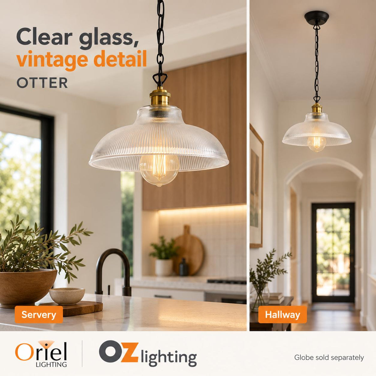Oriel OTTER Pendant - Clear Glass Antique Brass-Oriel Lighting-Ozlighting.com.au