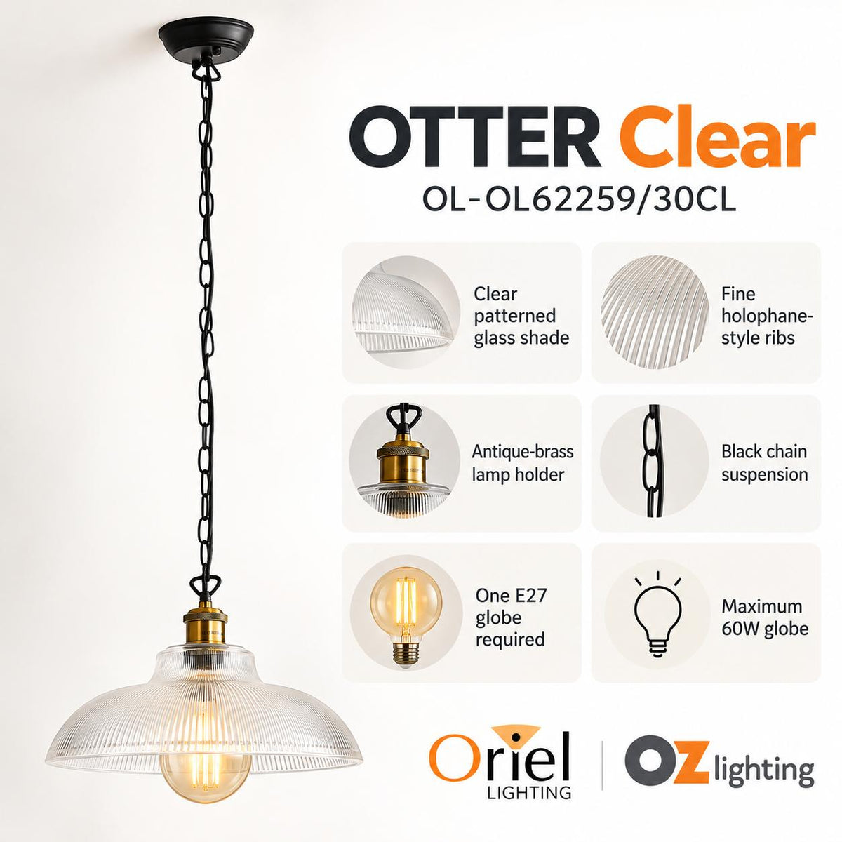 Oriel OTTER Pendant - Clear Glass Antique Brass-Oriel Lighting-Ozlighting.com.au
