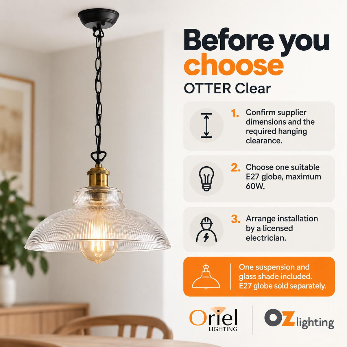Oriel OTTER Pendant - Clear Glass Antique Brass-Oriel Lighting-Ozlighting.com.au