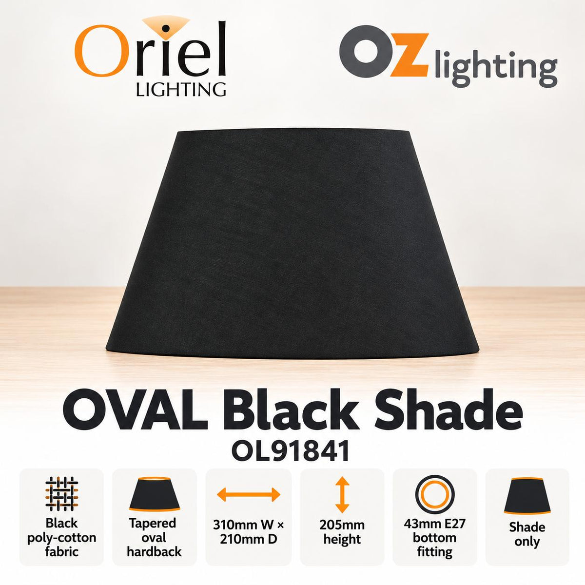 Oriel OVAL Lamp Shade - 31cm Tapered Oval Fabric, Black-Oriel Lighting-Ozlighting.com.au