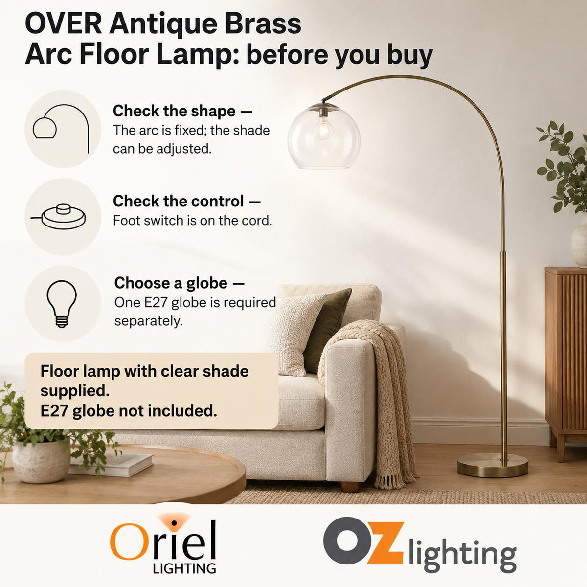 Oriel OVER Arc Floor Lamp - Acrylic Shade, E27-Oriel Lighting-Ozlighting.com.au
