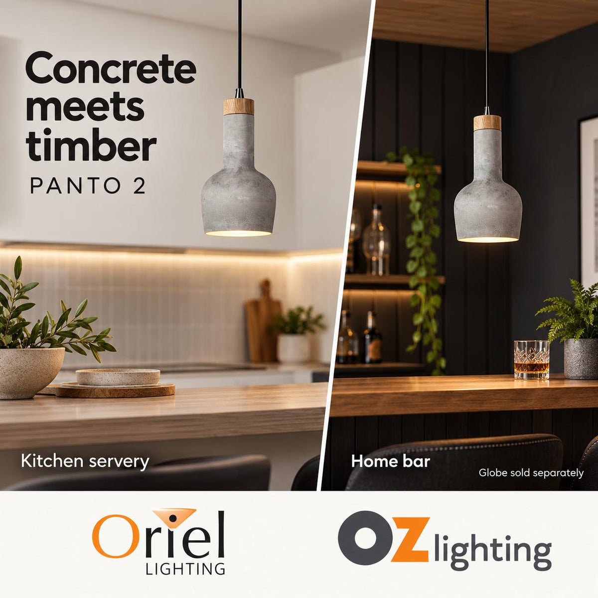 Oriel PANTO 2 Pendant - 1 Light Concrete-Finished Urban-Oriel Lighting-Ozlighting.com.au