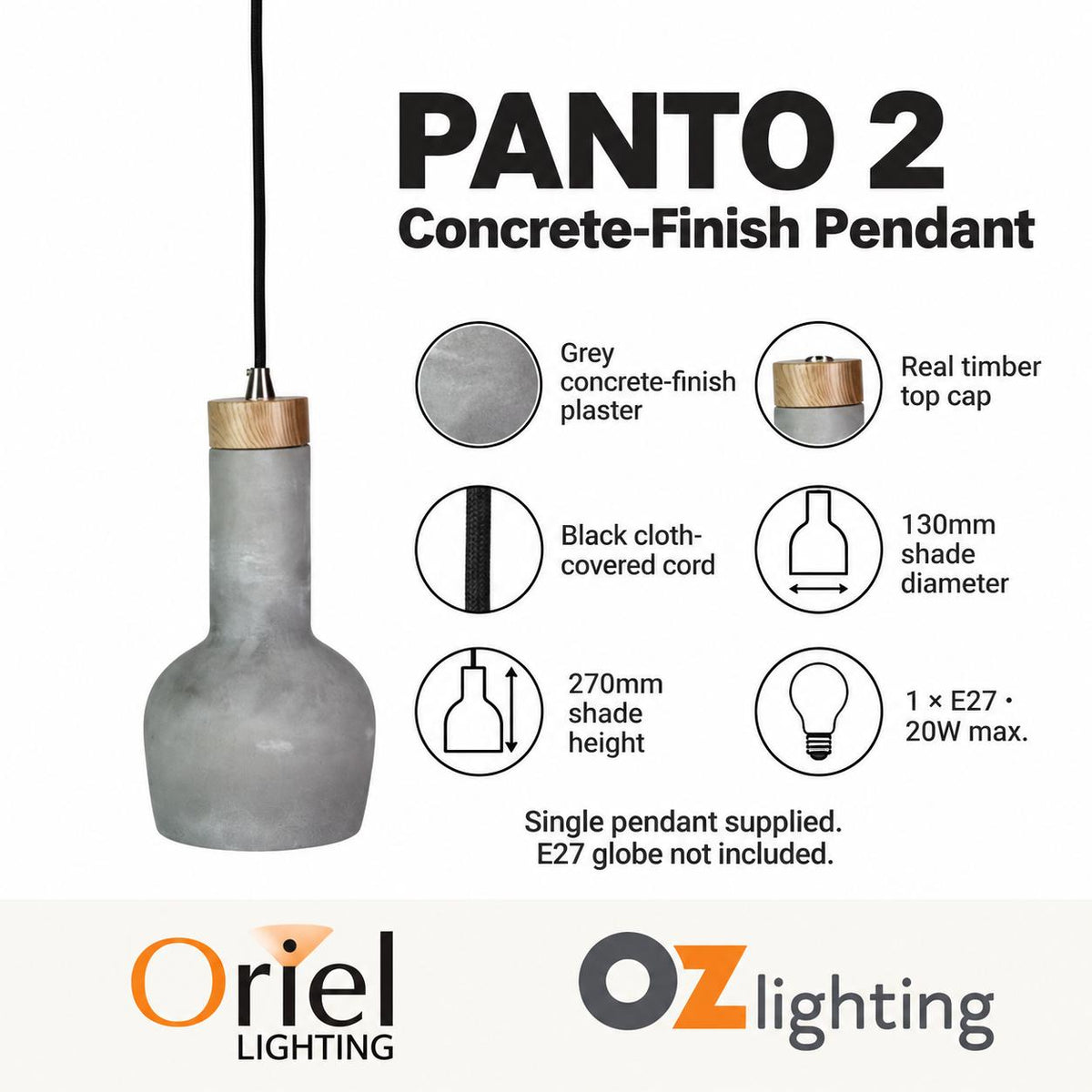 Oriel PANTO 2 Pendant - 1 Light Concrete-Finished Urban-Oriel Lighting-Ozlighting.com.au