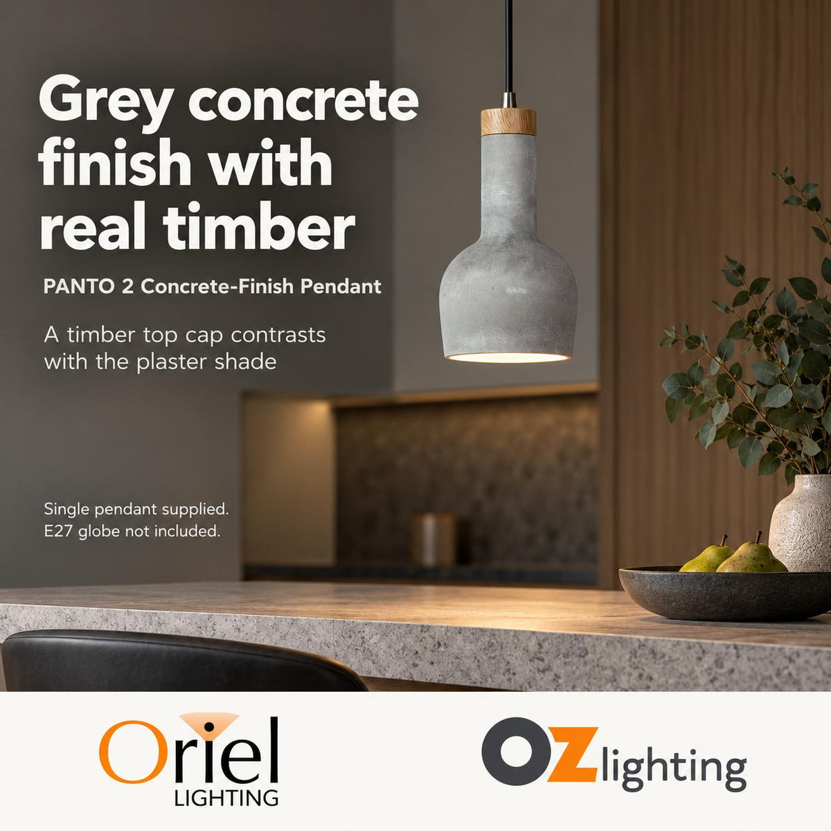 Oriel PANTO 2 Pendant - 1 Light Concrete-Finished Urban-Oriel Lighting-Ozlighting.com.au