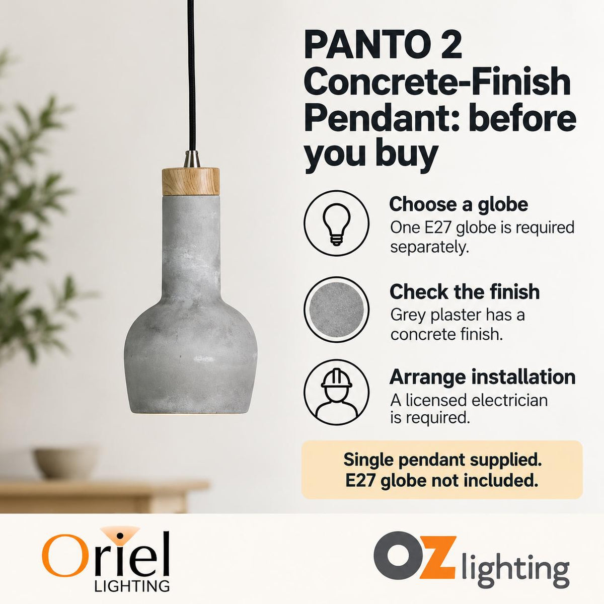 Oriel PANTO 2 Pendant - 1 Light Concrete-Finished Urban-Oriel Lighting-Ozlighting.com.au