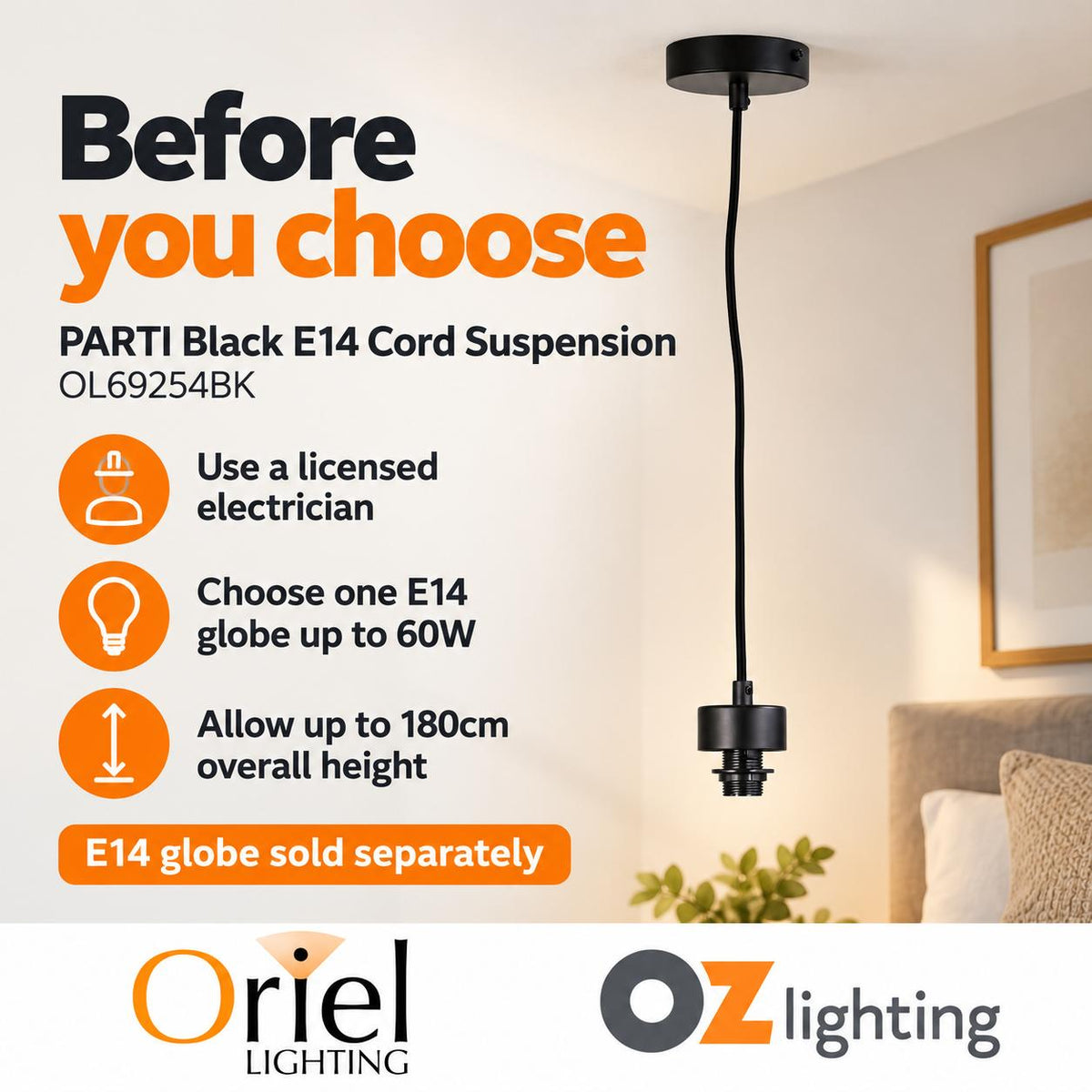 Oriel PARTI CORD Suspension Kit - Black-Oriel Lighting-Ozlighting.com.au