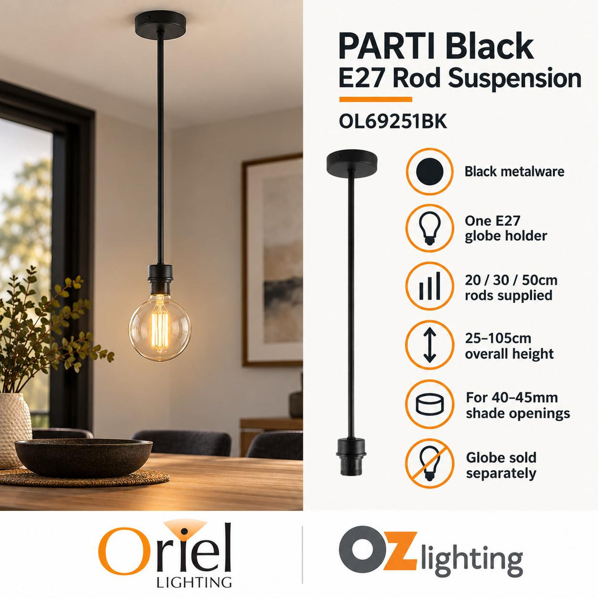 Oriel PARTI Rod Suspension - Single-Oriel Lighting-Ozlighting.com.au