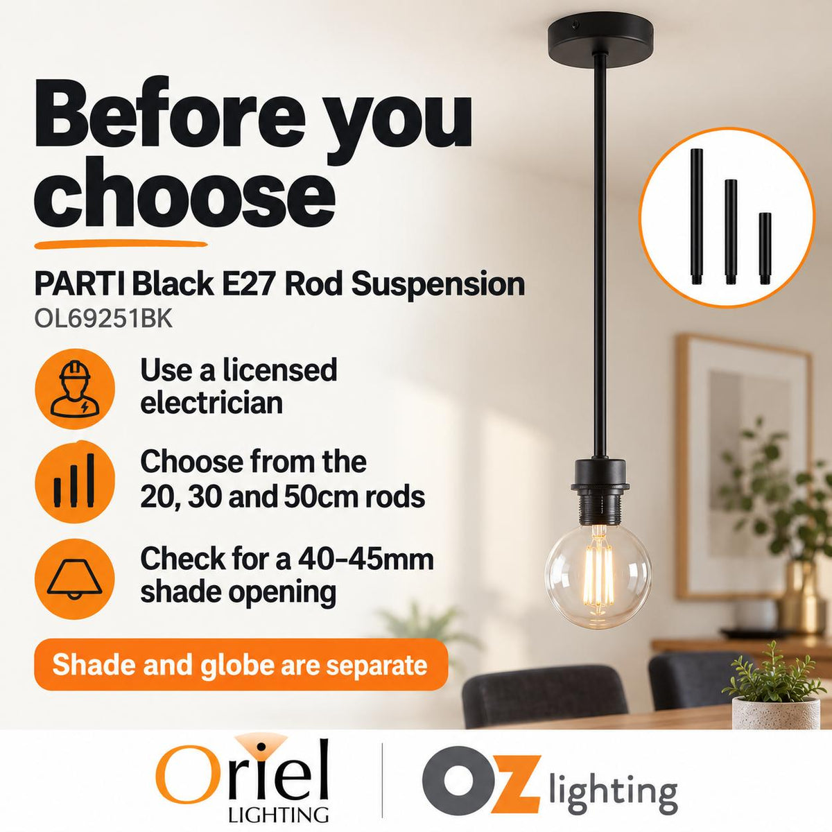Oriel PARTI Rod Suspension - Single-Oriel Lighting-Ozlighting.com.au