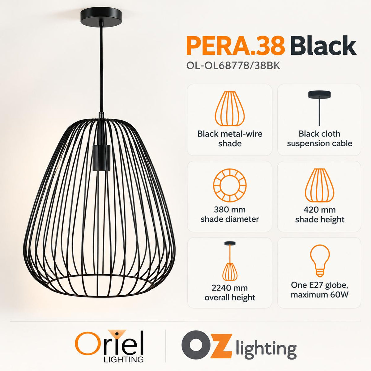 Oriel PERA.38 Pendant - 1 Light-Oriel Lighting-Ozlighting.com.au