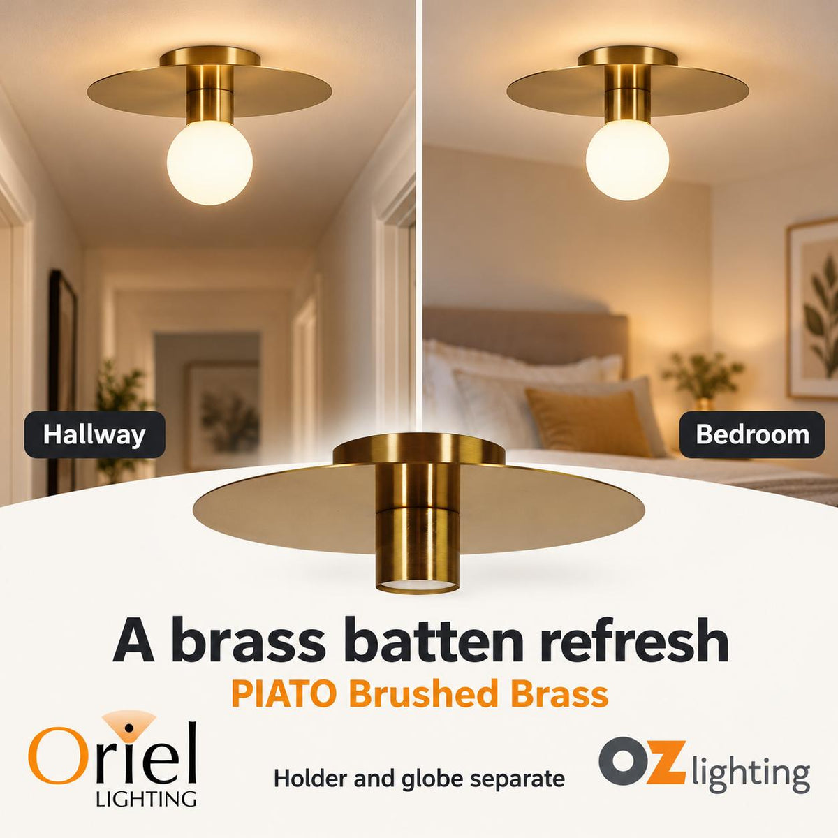 Oriel PIATO-BB DIY Batten Fix - Holder Cover Metal Brushed Brass Ceiling Light Shade Only-Oriel Lighting-Ozlighting.com.au