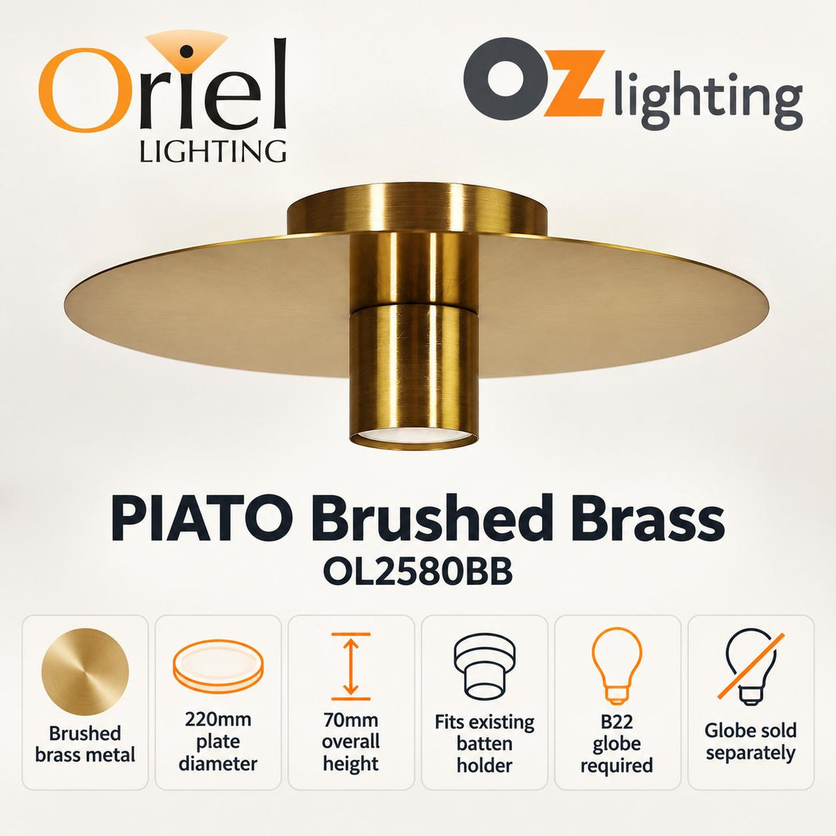 Oriel PIATO-BB DIY Batten Fix - Holder Cover Metal Brushed Brass Ceiling Light Shade Only-Oriel Lighting-Ozlighting.com.au