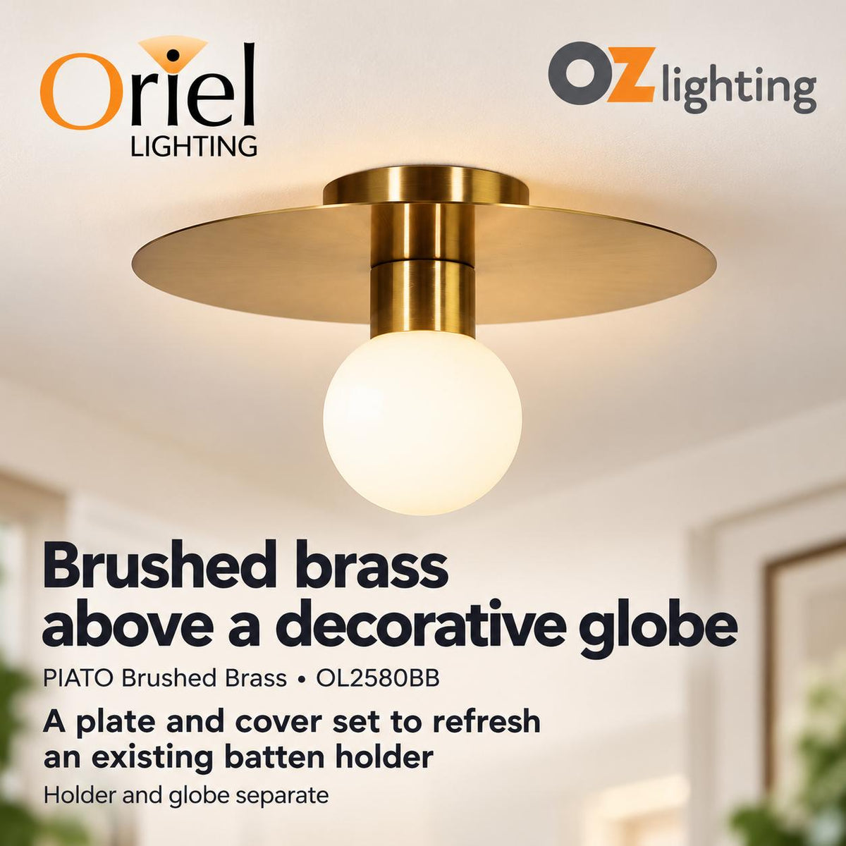 Oriel PIATO-BB DIY Batten Fix - Holder Cover Metal Brushed Brass Ceiling Light Shade Only-Oriel Lighting-Ozlighting.com.au