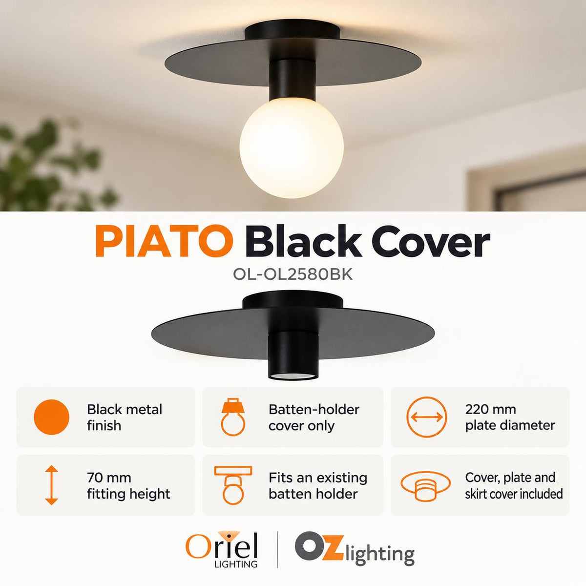 Oriel PIATO DIY Batten Fix - Holder Cover Metal Ceiling Light Shade Only-Oriel Lighting-Ozlighting.com.au