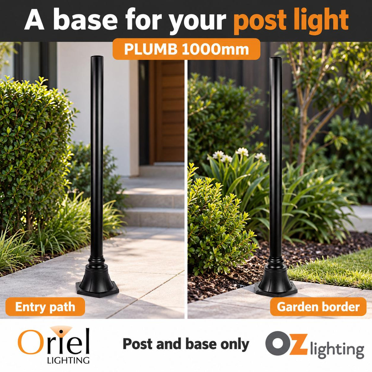 Oriel PLUMB-POST-1M/1.8M Post - with Base Only, 1M/1.8M X 60mm Aluminium, Black-Oriel Lighting-Ozlighting.com.au