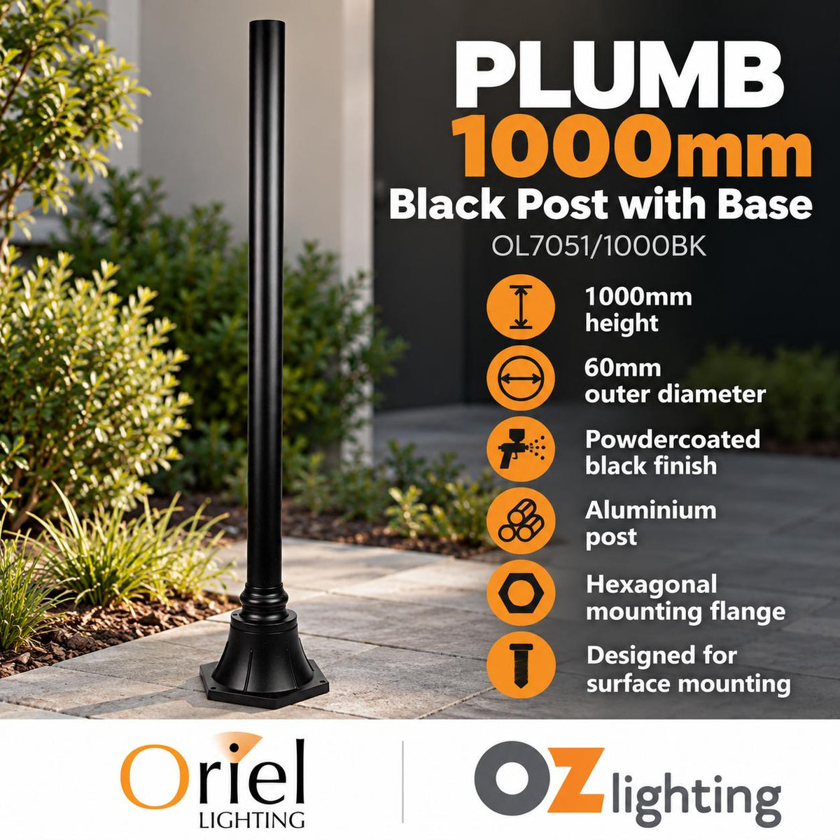Oriel PLUMB-POST-1M/1.8M Post - with Base Only, 1M/1.8M X 60mm Aluminium, Black-Oriel Lighting-Ozlighting.com.au