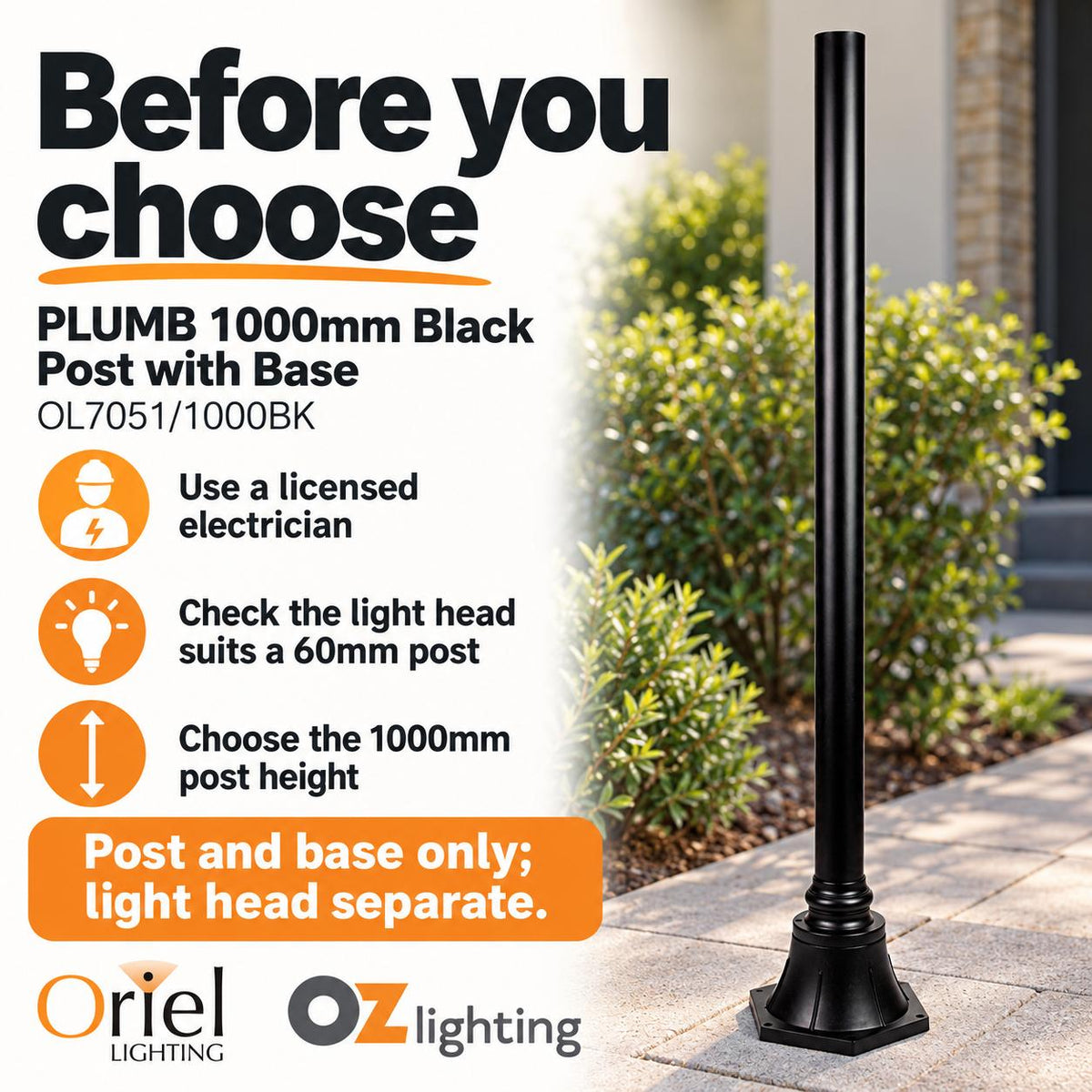 Oriel PLUMB-POST-1M/1.8M Post - with Base Only, 1M/1.8M X 60mm Aluminium, Black-Oriel Lighting-Ozlighting.com.au