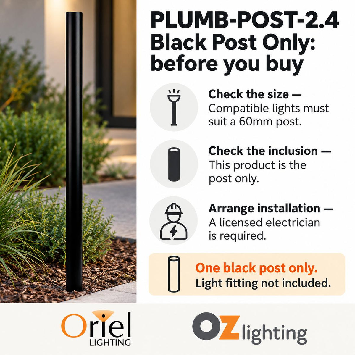 Oriel PLUMB-POST-2.4 Post Only - 2.4M X 60mm Aluminium, Black-Oriel Lighting-Ozlighting.com.au