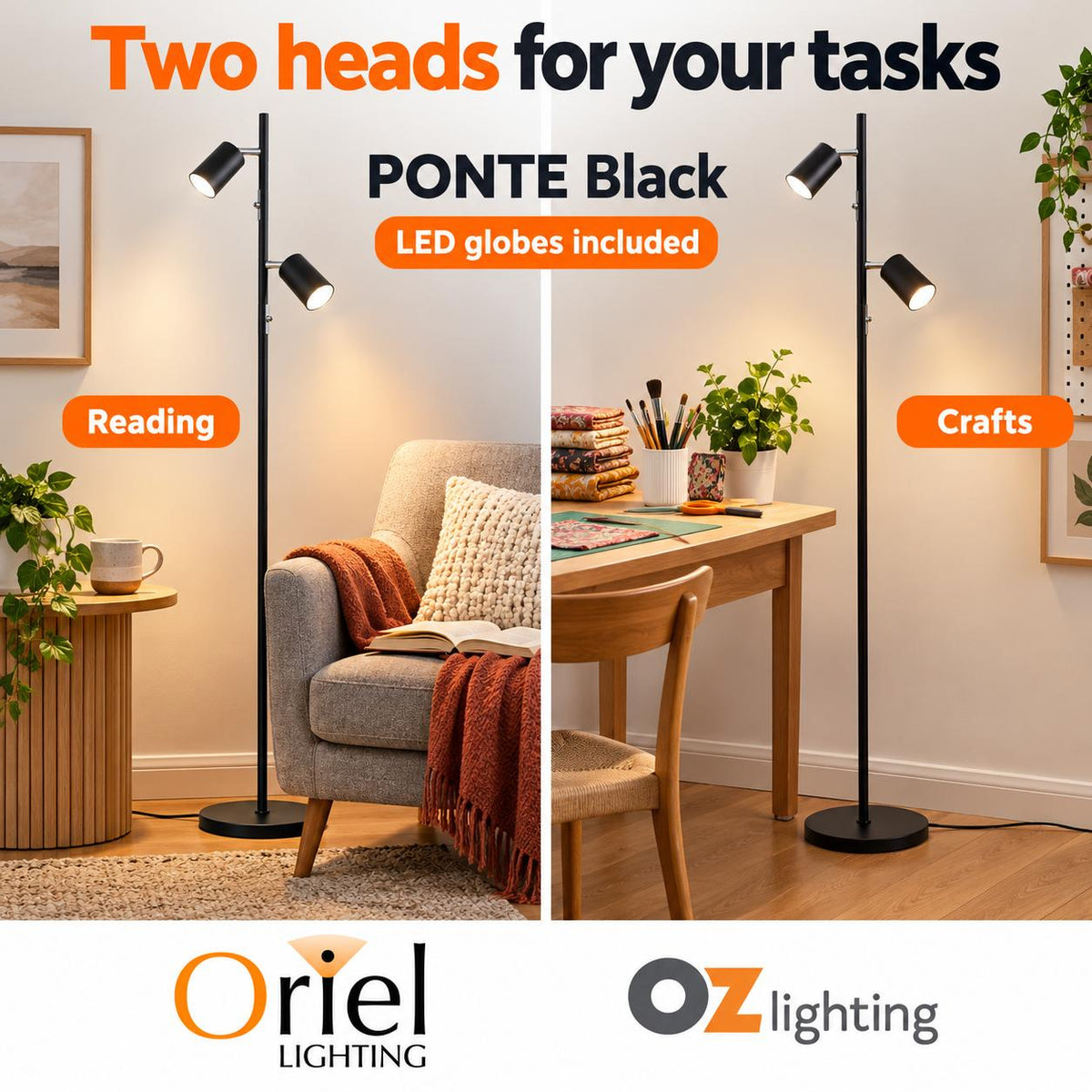 Oriel PONTE Floor Lamp - Adjustable Twin-Oriel Lighting-Ozlighting.com.au