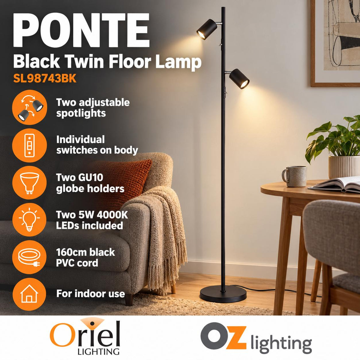 Oriel PONTE Floor Lamp - Adjustable Twin-Oriel Lighting-Ozlighting.com.au