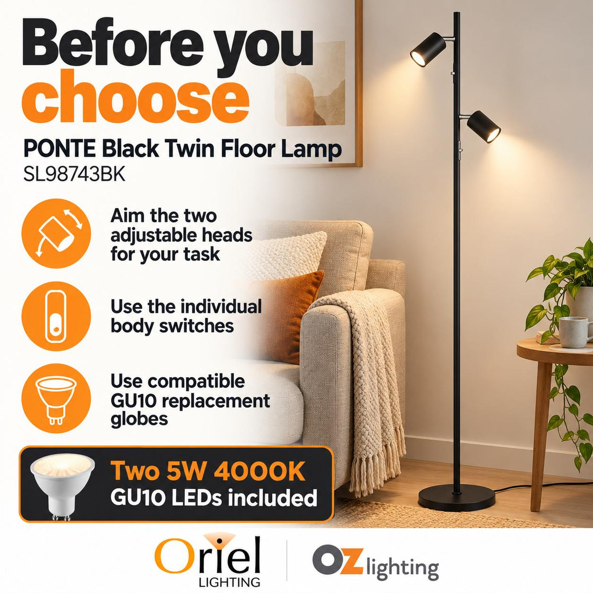 Oriel PONTE Floor Lamp - Adjustable Twin-Oriel Lighting-Ozlighting.com.au