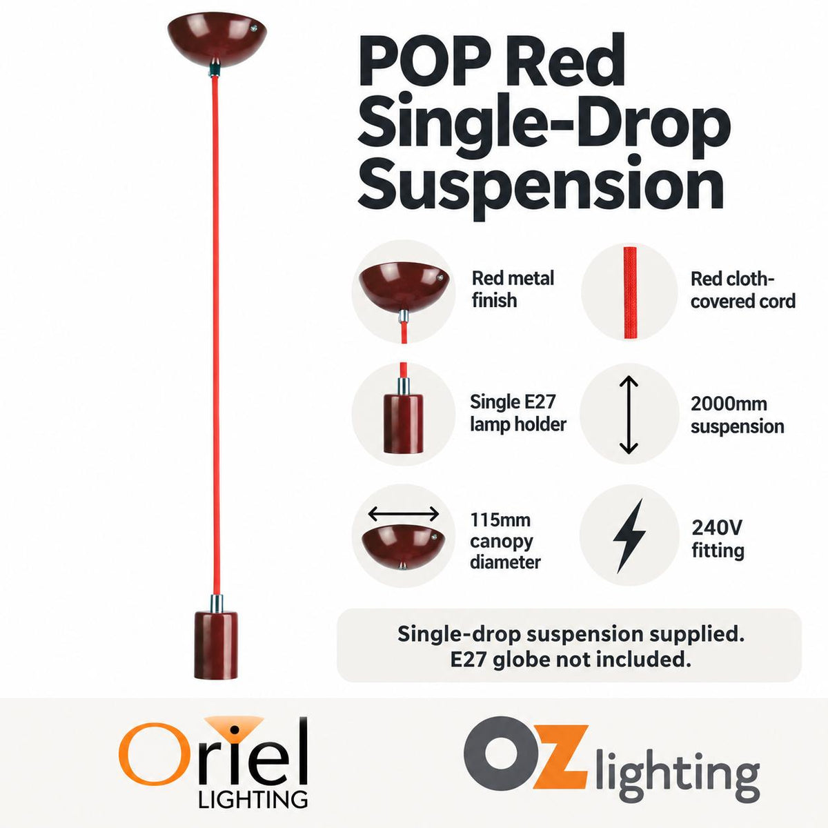 Oriel POP Pendant - 2m Single Drop Red Metal Suspension-Oriel Lighting-Ozlighting.com.au