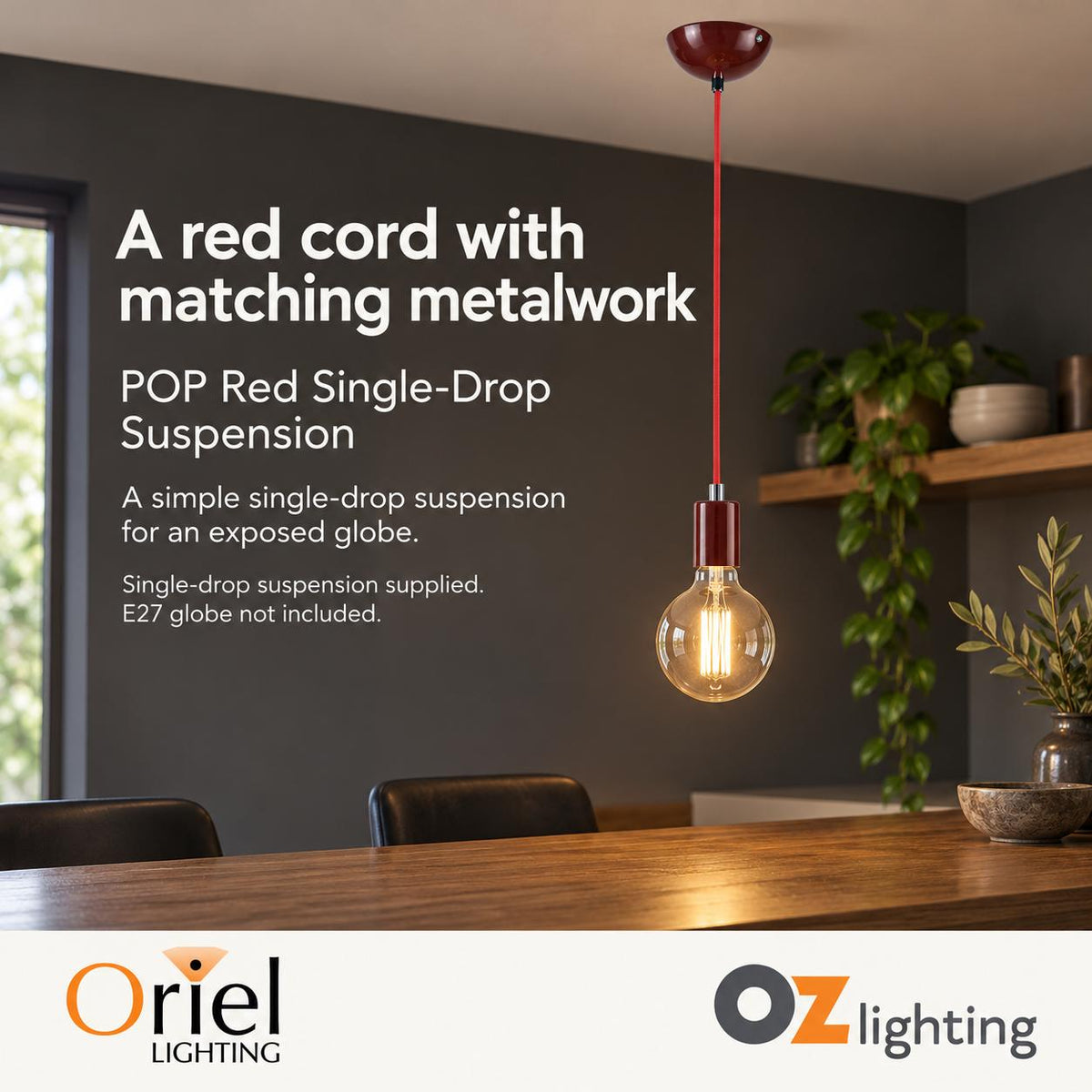 Oriel POP Pendant - 2m Single Drop Red Metal Suspension-Oriel Lighting-Ozlighting.com.au