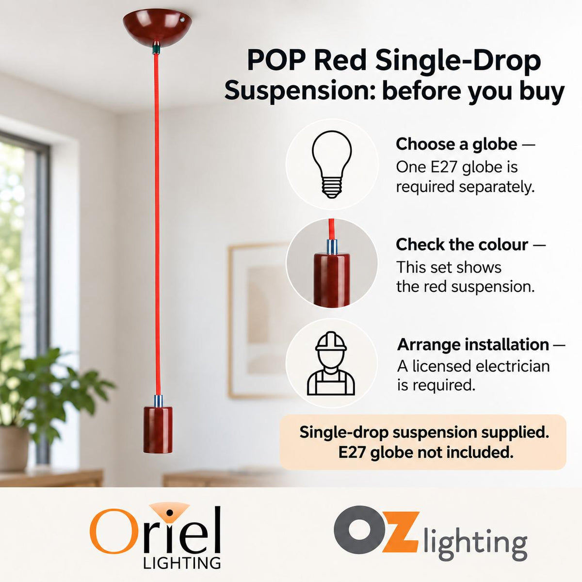 Oriel POP Pendant - 2m Single Drop Red Metal Suspension-Oriel Lighting-Ozlighting.com.au