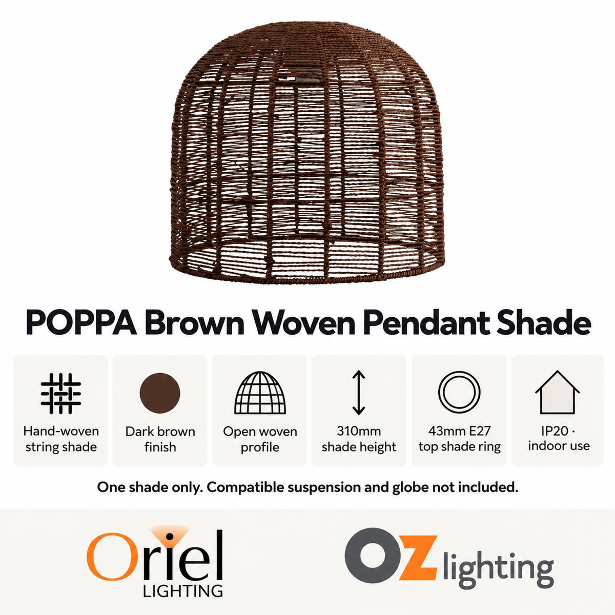 Oriel POPPA Hand-Woven Pendant Shade Only - SUSPENSION REQUIRED-Oriel Lighting-Ozlighting.com.au