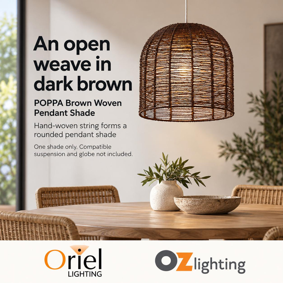 Oriel POPPA Hand-Woven Pendant Shade Only - SUSPENSION REQUIRED-Oriel Lighting-Ozlighting.com.au