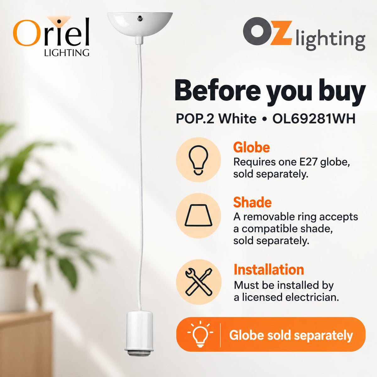 Oriel POP.2 Pendant - 1 Light Single Drop Suspension Cable, White-Oriel Lighting-Ozlighting.com.au