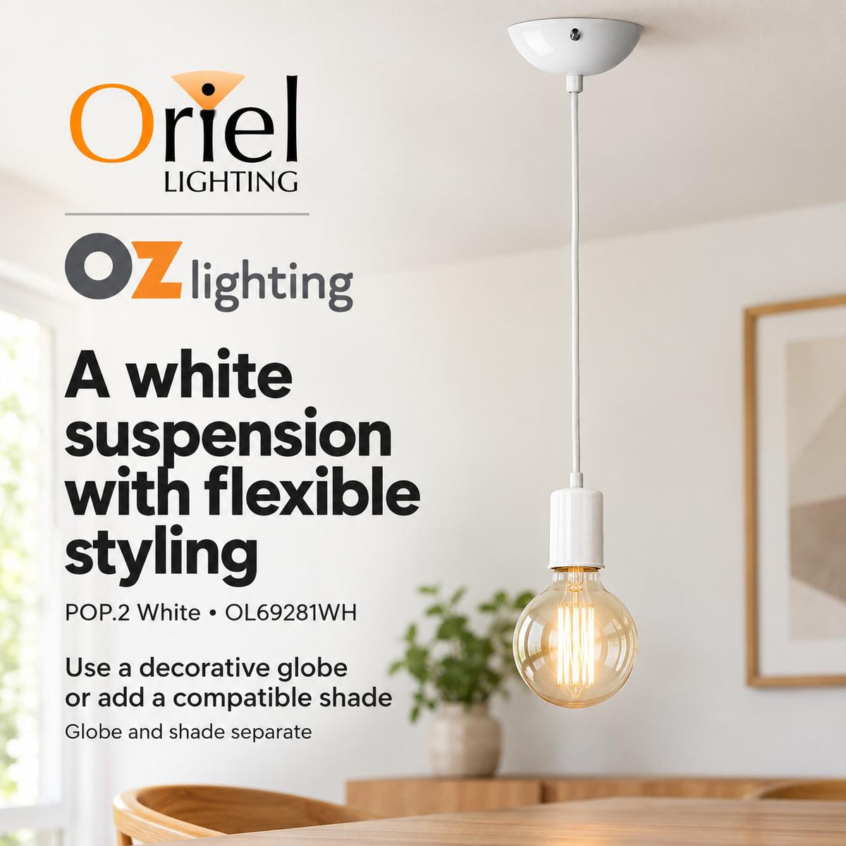 Oriel POP.2 Pendant - 1 Light Single Drop Suspension Cable, White-Oriel Lighting-Ozlighting.com.au
