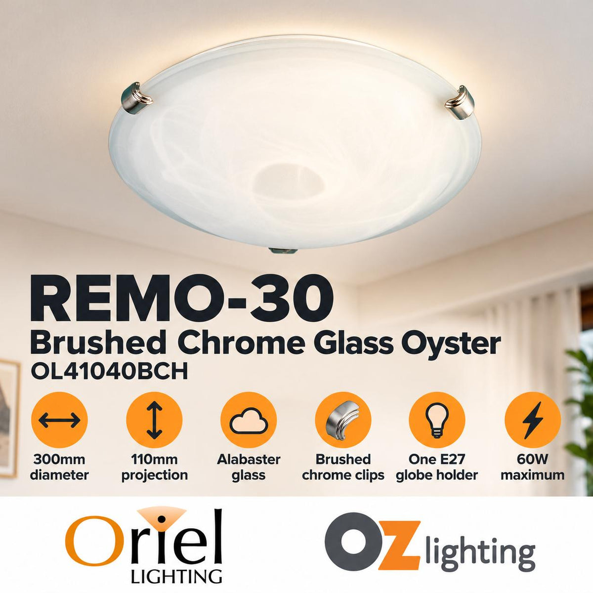 Oriel REMO-30 Oyster Ceiling Light - 1 Light 30cm Alabaster Glass-Oriel Lighting-Ozlighting.com.au
