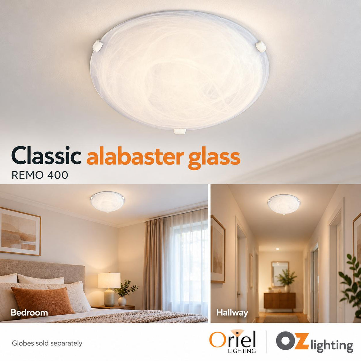 Oriel REMO Oyster Ceiling Light - Max. 60W, with White Clips Twin-Oriel Lighting-Ozlighting.com.au