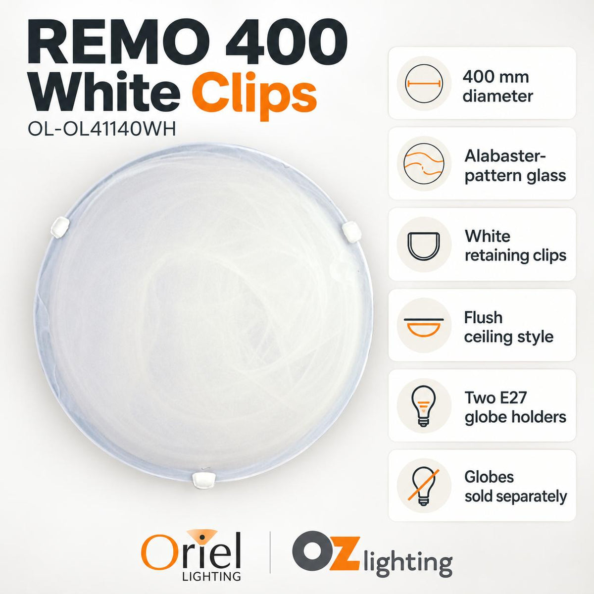 Oriel REMO Oyster Ceiling Light - Max. 60W, with White Clips Twin-Oriel Lighting-Ozlighting.com.au