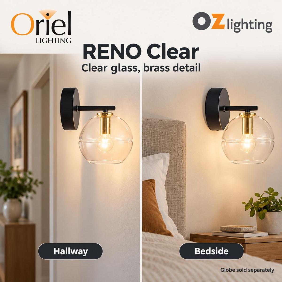 Oriel RENO Wall Light - 25W, Clear Glass-Oriel Lighting-Ozlighting.com.au