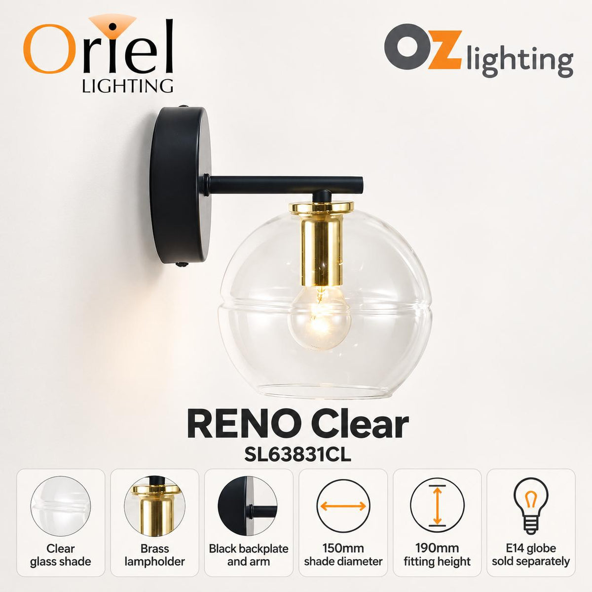 Oriel RENO Wall Light - 25W, Clear Glass-Oriel Lighting-Ozlighting.com.au