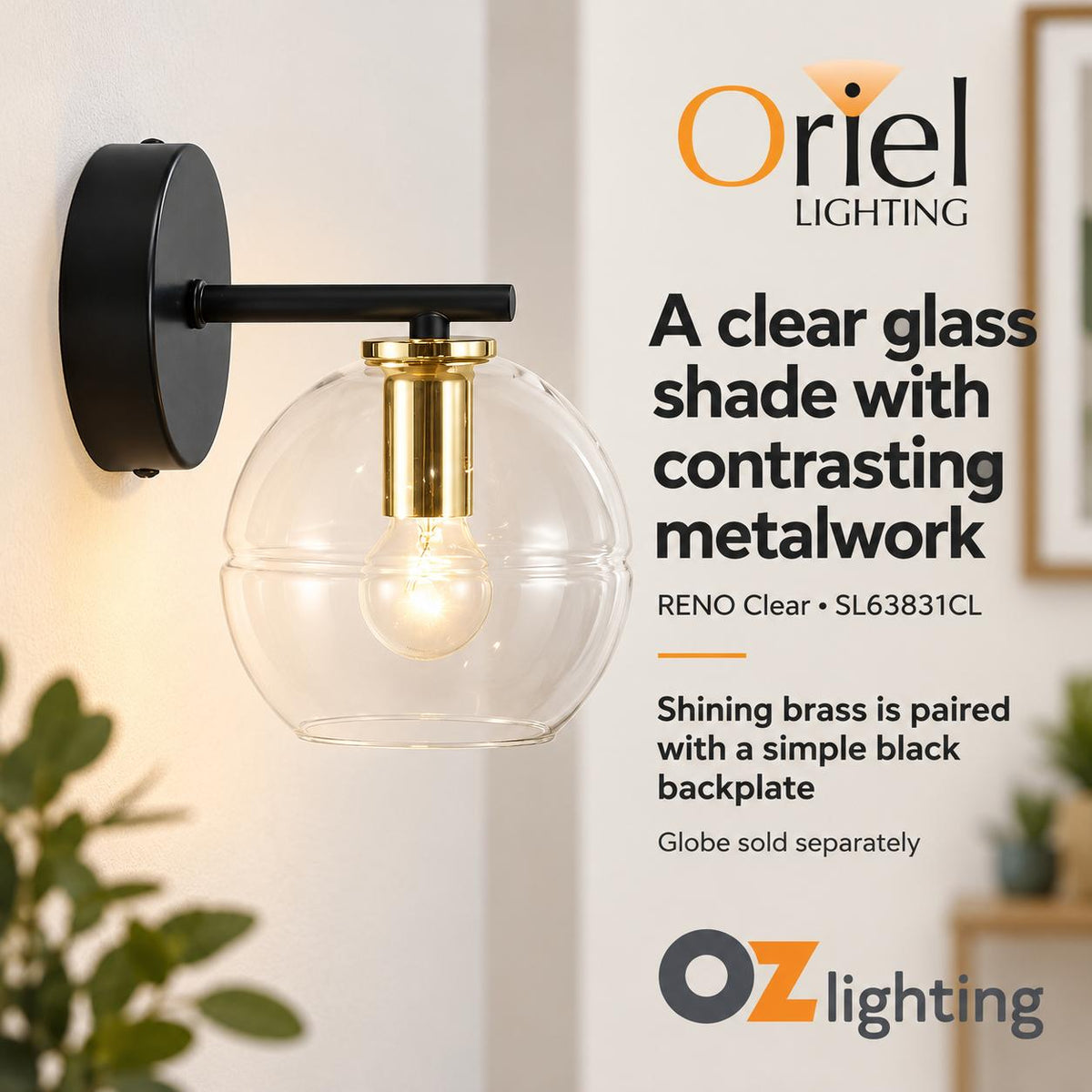 Oriel RENO Wall Light - 25W, Clear Glass-Oriel Lighting-Ozlighting.com.au