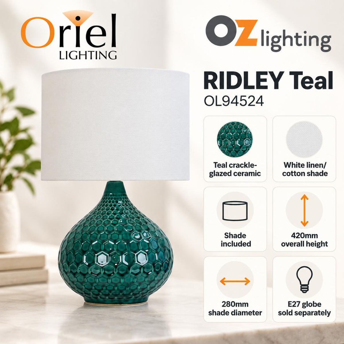 Oriel RIDLEY Table Lamp - Ceramic-Oriel Lighting-Ozlighting.com.au