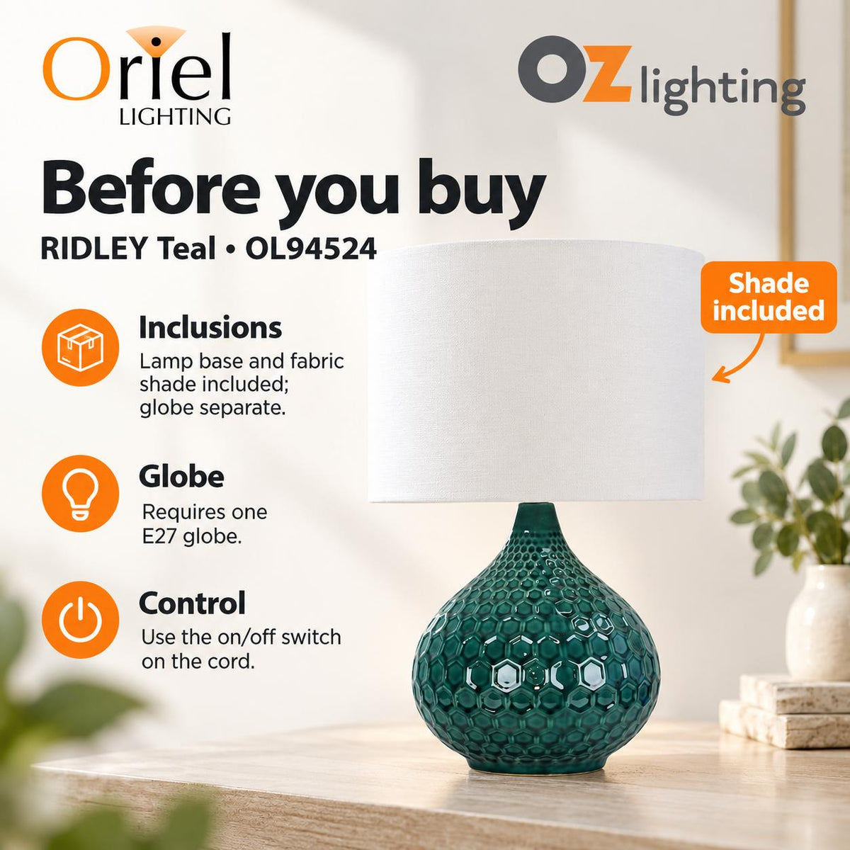 Oriel RIDLEY Table Lamp - Ceramic-Oriel Lighting-Ozlighting.com.au