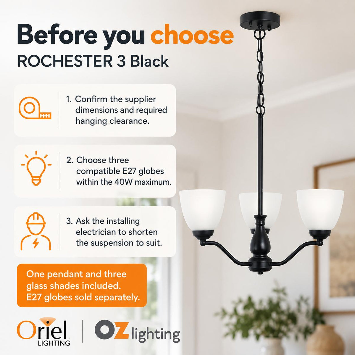 Oriel ROCHESTER Pendant - 3 Light Glass-Oriel Lighting-Ozlighting.com.au