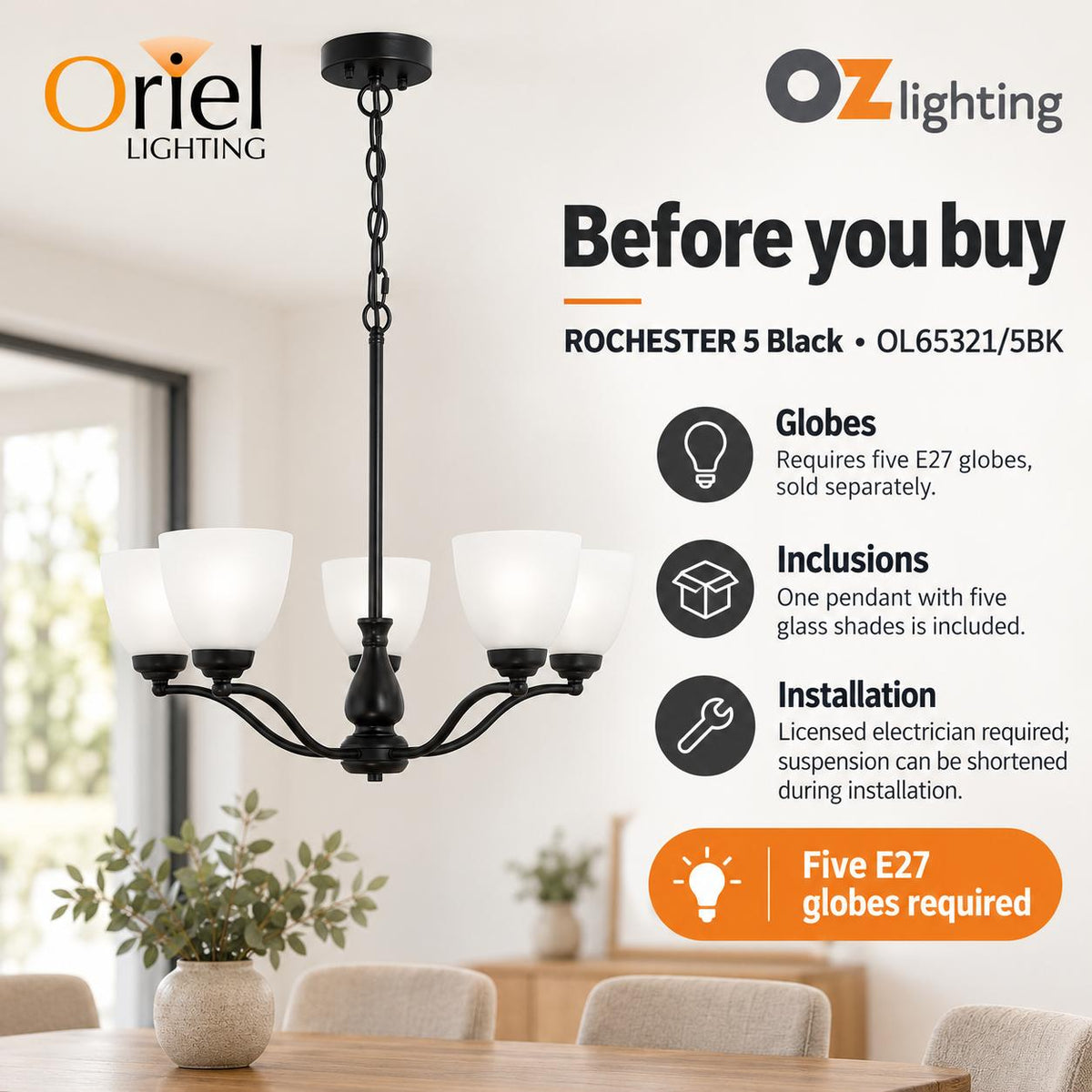 Oriel ROCHESTER Pendant - 5 Light Glass-Oriel Lighting-Ozlighting.com.au